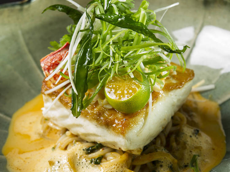 Pan-seared Alaskan halibut laksa, $42 at Spago