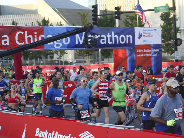 Participants started the race and crossed the finish line in Grant Park at the 2015 Chicago Marathon.