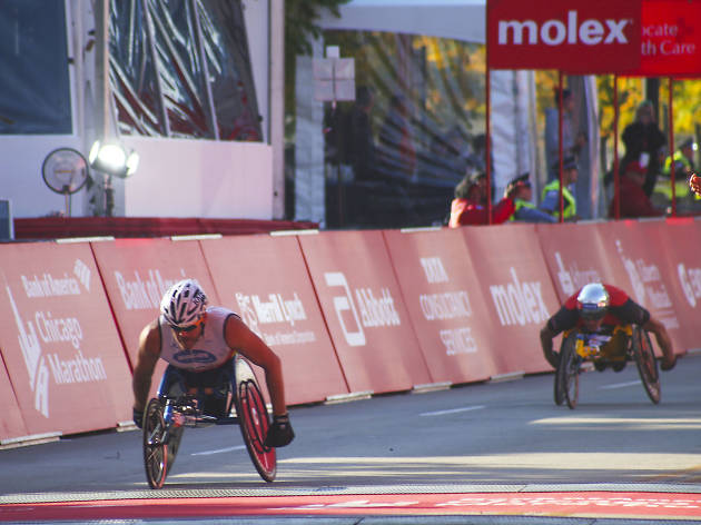 Participants started the race and crossed the finish line in Grant Park at the 2015 Chicago Marathon.
