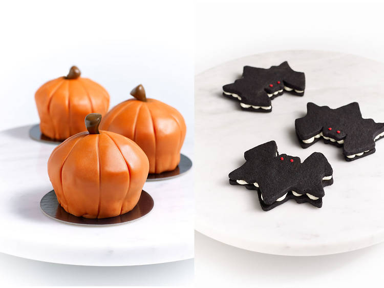 Pumpkin cupcakes and bat cookies at Bouchon Bakery