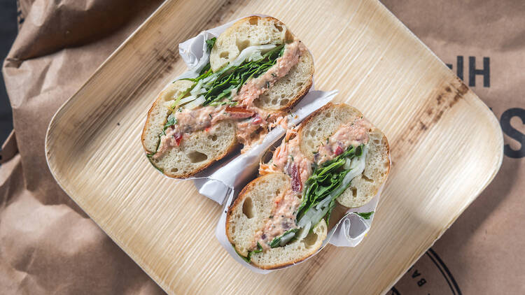 Baked salmon sandwich at Black Seed Bagels