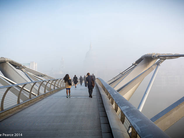 Fog around Millennium Bridge, obscuring the view of St. Paul's Cathedral Fog around Millennium Bridge, obscuring the view of St. Paul's Cathedral