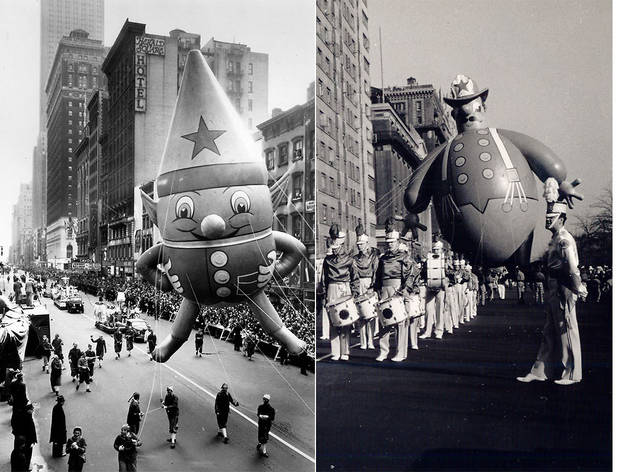 Left: Macy’s Elf balloon; 1947 Right: Harold the Fireman, 1948