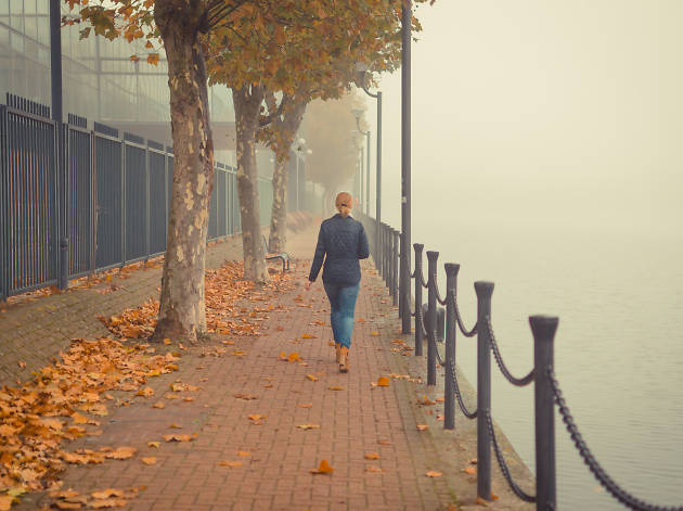 A woman walks by Millwall Outer Dock, London, on a misty day. A woman walks by Millwall Outer Dock, London, on a misty day.