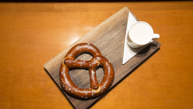 Warm Bavarian pretzel at the Game Room