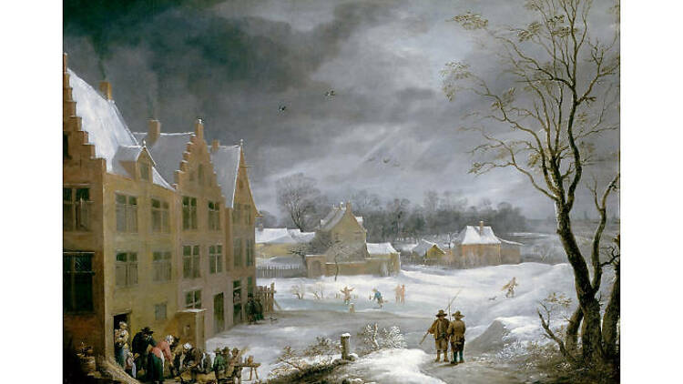 David Teniers the Younger, ‘Winter Scene with a Man Killing a Pig’, 1650