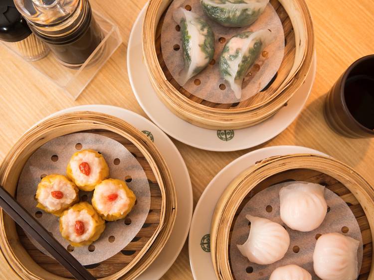 A top down shot of a selection of dumplings at Tim Ho Wan