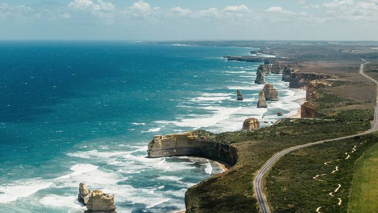 An aerial shot of the twelve apostles along the Great Ocean Road