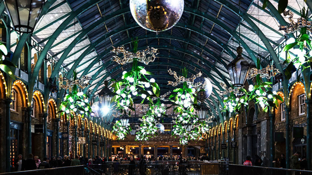 Covent Garden Market Hall with mistletoes decorations at Christmas.