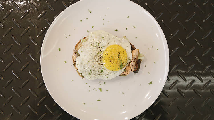 Toast + grilled salmon croque madame + cream cheese + sunny-side-up at Shucked