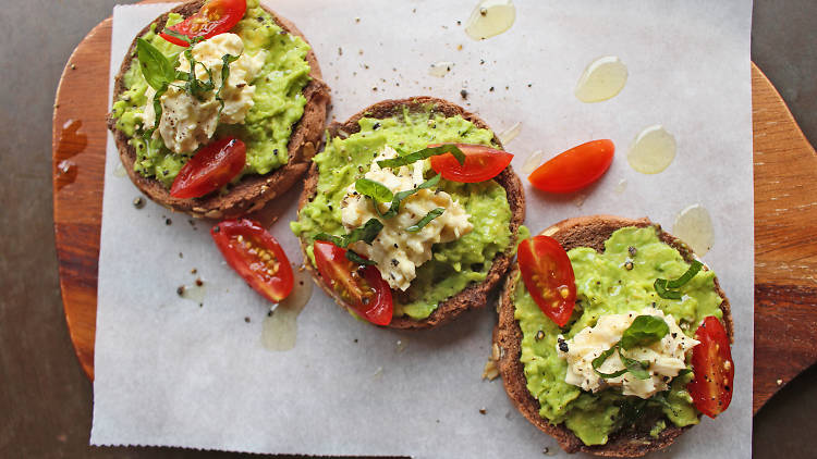 Toast + avocado + egg mayo + cherry tomatoes at Pulp