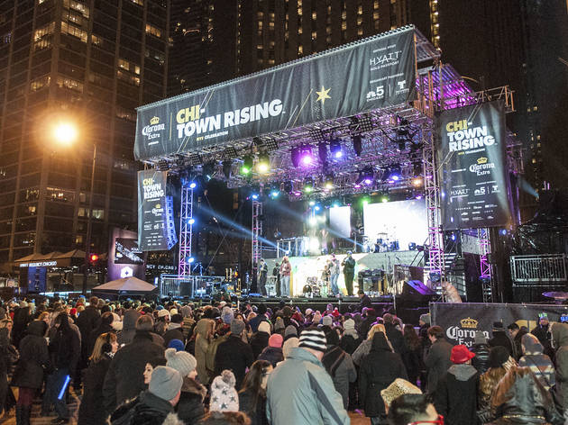 Crowds welcomed the new year with fireworks and music at Chi-Town Rising, December 31, 2015.