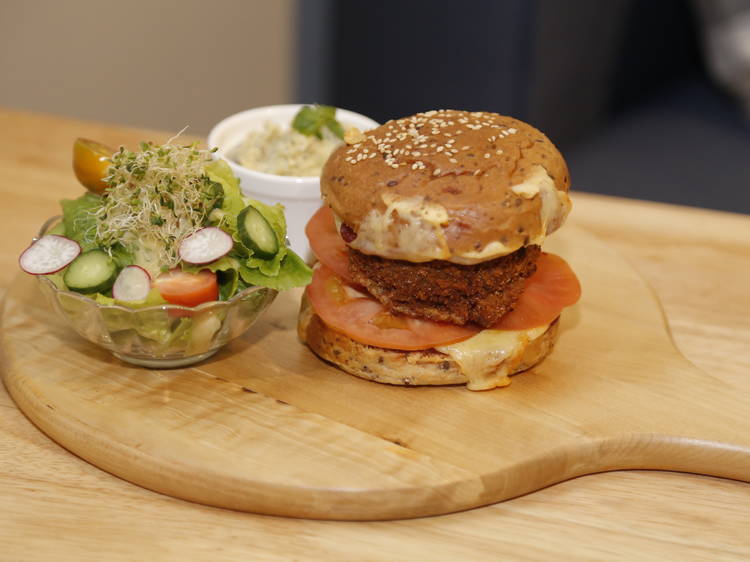 Lentil croquette burger at Real Food