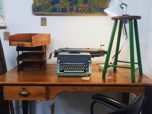Vintage items at Dirty Jane's Various vintage items sit atop a vintage wooden desk at Dirty Jane's