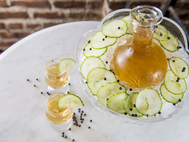 Sadelles Cucumber black pepper vodka presentation Cucumber-black-pepper vodka at Sadelle's