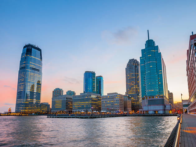 New Jersey skyline View from Hudson River Waterfront Walkway in Jersey City