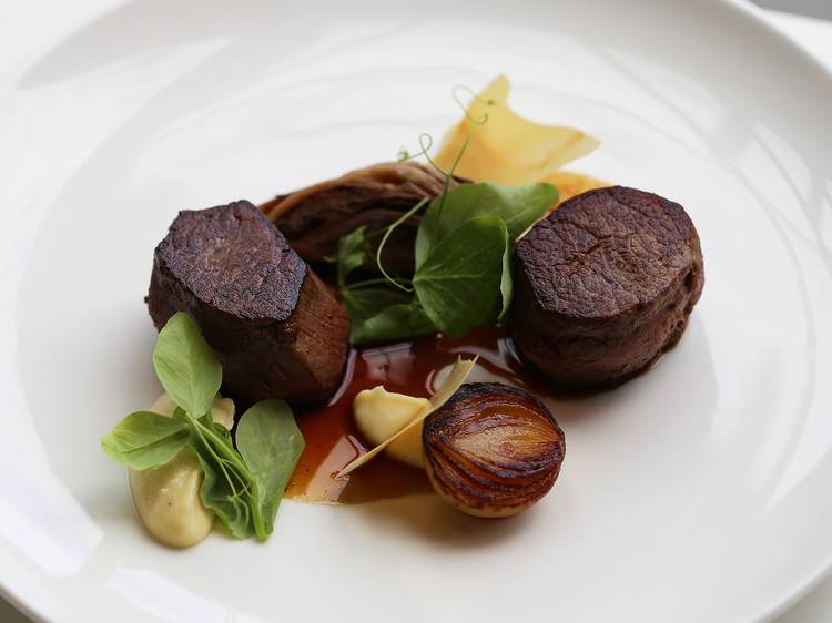 Beef fillet with charred onion, shallot puree and jus at Meat Fish Wine