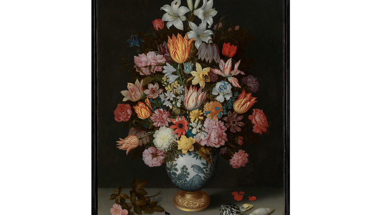 Ambrosius Bosschaert the Elder: 'A Still Life of Flowers in a Wan-Li Vase on a Ledge with further Flowers, Shells and a Butterfly', 1609-10. © The National Gallery, London