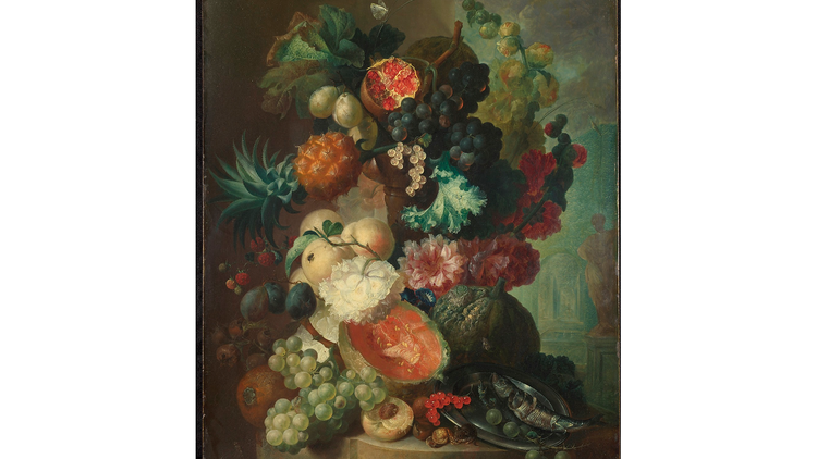 Jan van Os: 'Fruit, Flowers and a Fish', 1772. © The National Gallery, London