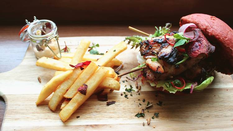 chicken burger with fries