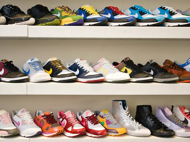 Sneakers at Espionage Three rows of colourful sneakers