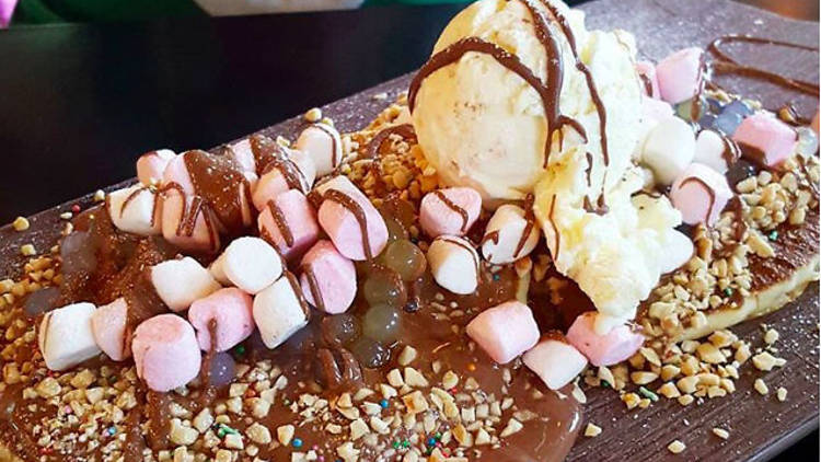 pancakes covered in chocolate and marshmallows