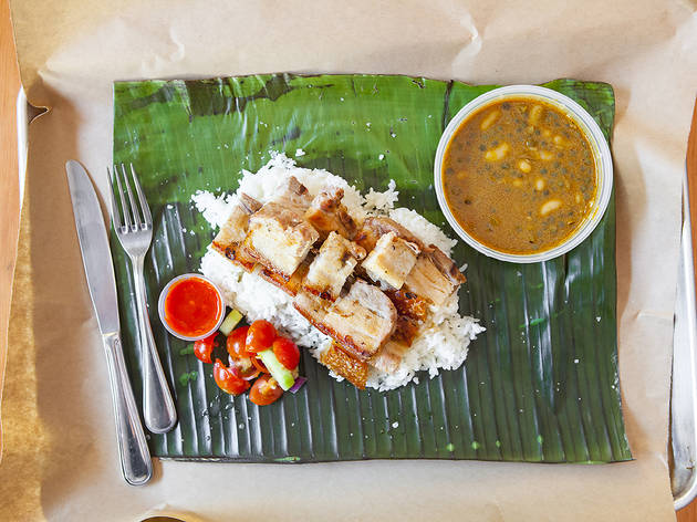 Pork belly with rice and tomato-cucumber salad at Amboy