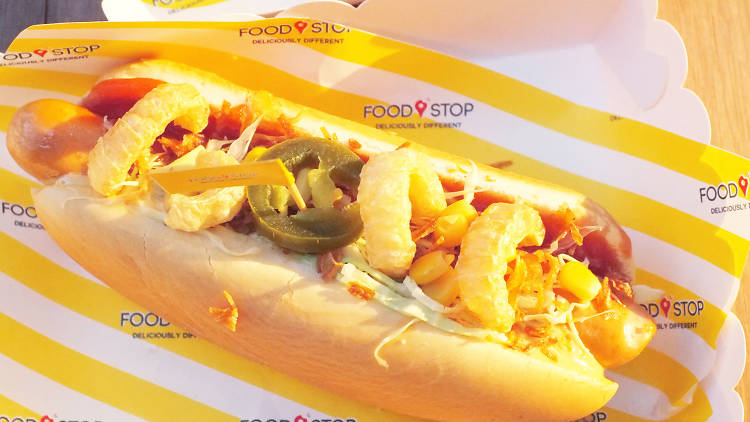 a sandwich hotdog at food stop