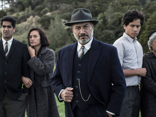Mahana Group of people in period outfits stare at the camera