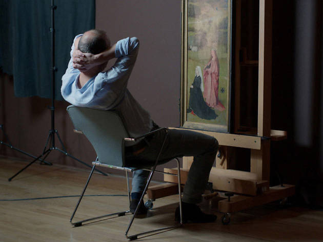 Jheronimus Bosch – Touched by the Devil Man sits in front of a painting