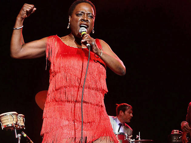 Miss Sharon Jones! Miss Sharon Jones singing into a microphone with her arm up, showing her strength