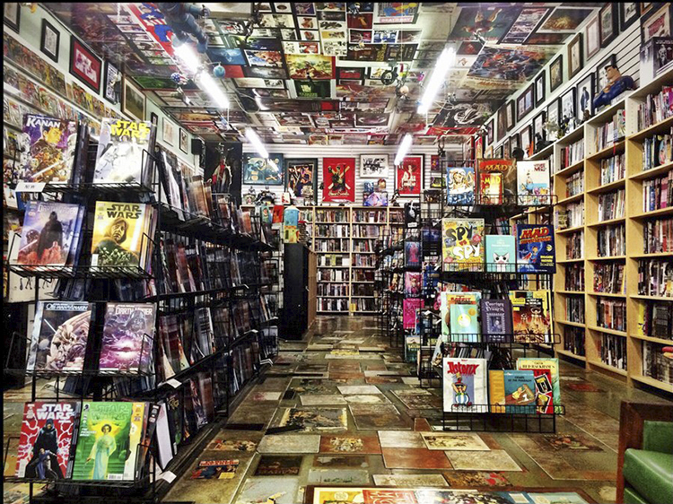 Comic book store guide for graphic novels and superhero sagas