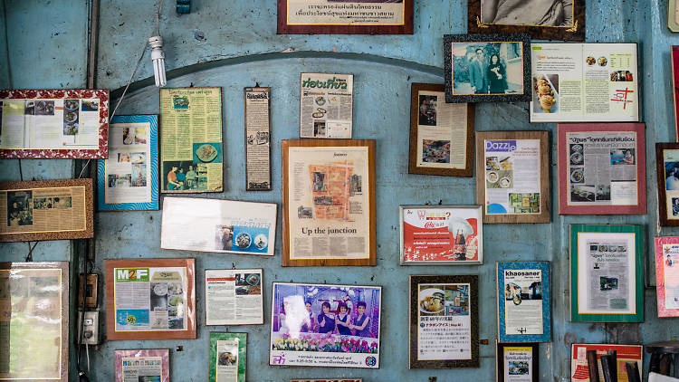 Wall full of articles about Nattaporn Ice Cream