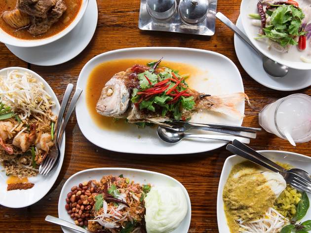 Tablelay at Spice I Am An array of thai food on a table