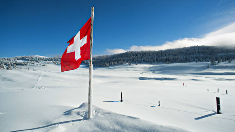 SWITZERLAND PARKS, swiss flag in the snow