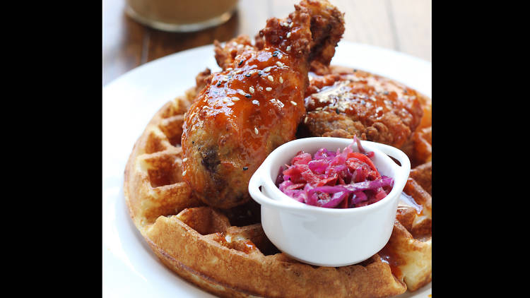 Chicken&waffle with cider slaw at Chu