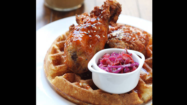 Chicken & waffle with cider slaw at Chu