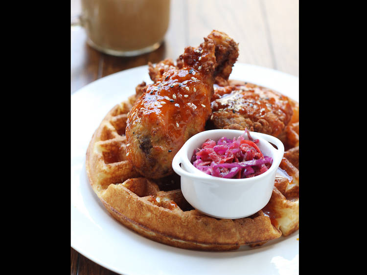 Chicken & waffle with cider slaw at Chu
