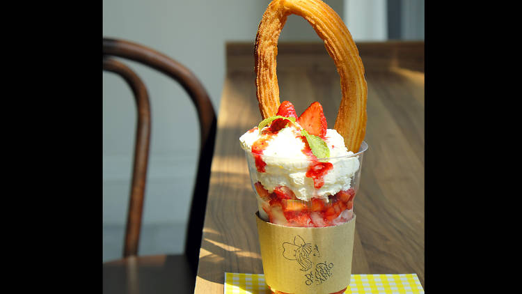 Dolly churro strawberry sundae at Dolly Churro Café