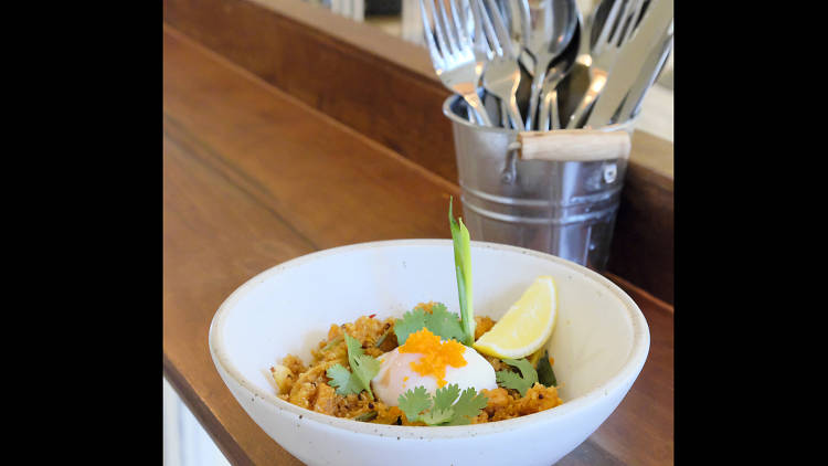 Fried quinoa tom-yum with diced salmon at Brekkie