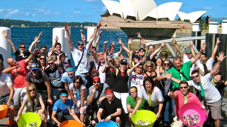 People cheering at an Amazing Race event at Sydney Harbour