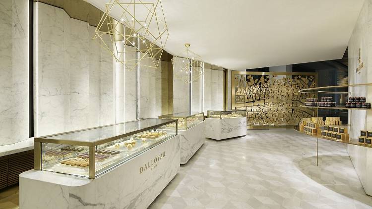 Marble interior of high-end patisserie