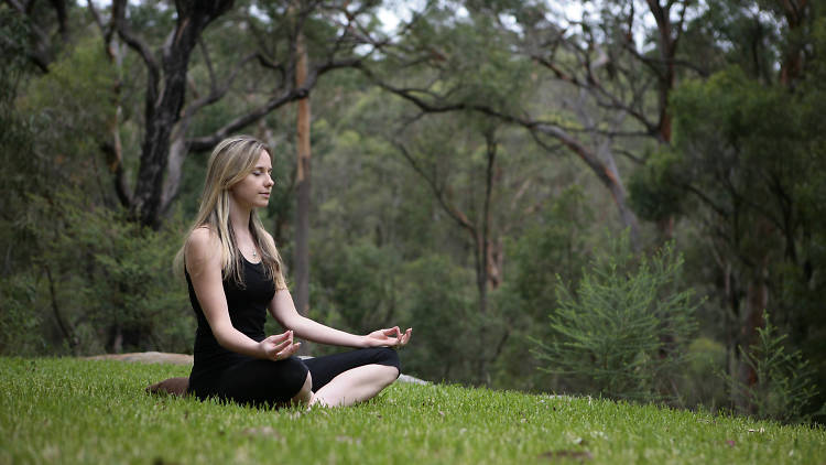 Woman meditating in the forest