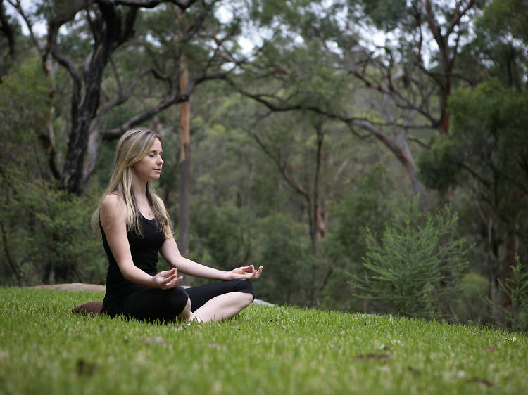 Woman meditating in the forest