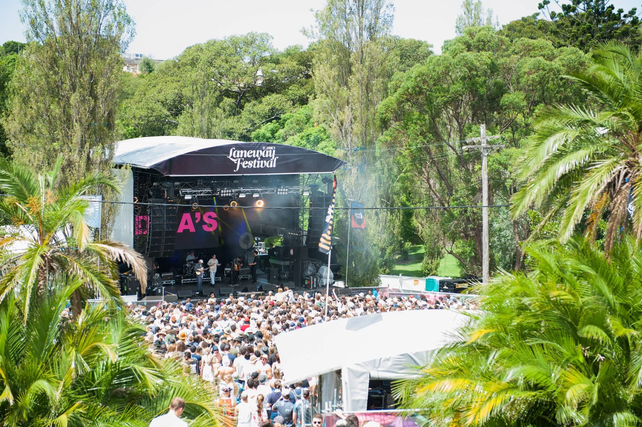 Crowd on hill with trees at Laneway Festival