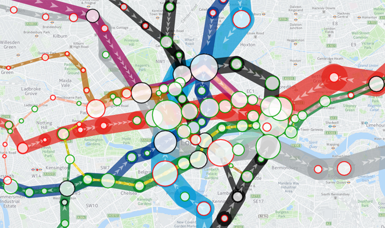 This tube map shows the busiest times on the Underground