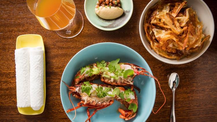 Yabbies with roti and onion puree and muntries at Momofuku Seiobo