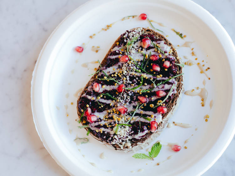 Sprouted toast with jam and tahini at Honey Hi