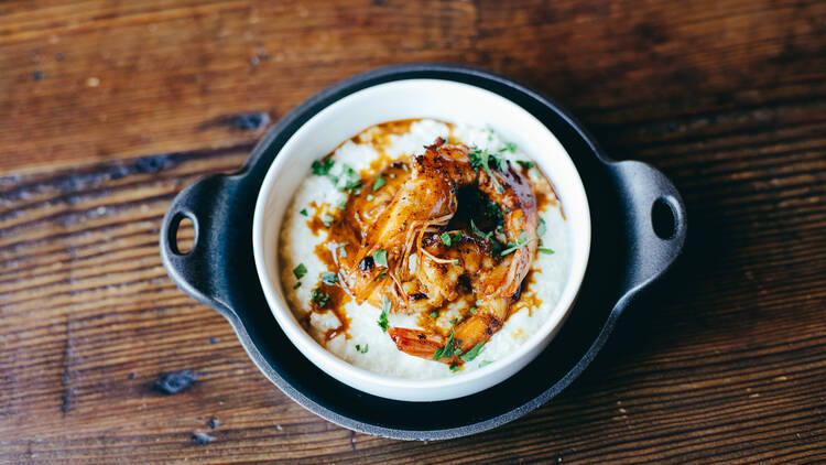 Grilled prawns and cauliflower grits at Odys + Penelope