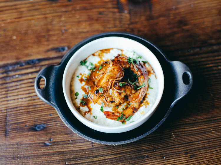 Grilled prawns and cauliflower grits at Odys + Penelope